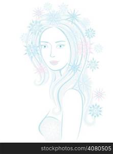 Hand-drawn vector illustration of young beautiful girl with snowflakes in her hair