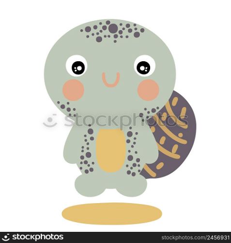 Hand drawn vector illustration pretty spotted turtle. Cartoon style. Design for T-shirt, textile and prints.
