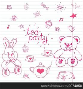 Hand drawn vector illustration set of tea party with stuffed toys, tea pot, cups, pancakes, sweets birds and butterflies, cute items doodles elements.. Hand drawn vector illustration set of tea party with stuffed toys, tea pot, cups, pancakes, sweets birds and butterflies, cute items doodles elements