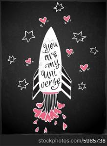 Hand drawn vector illustration with rocket and hearts on a black background