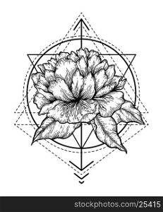 Hand drawn vector isolated illustration of flower and abstract geometry shapes. Magic symbol design for tattoo, print, t-shirt, poster.