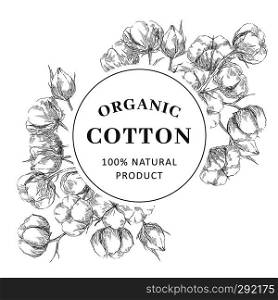 Hand drawn vector label with cotton branch. Concept for natural organic sketch in retro style