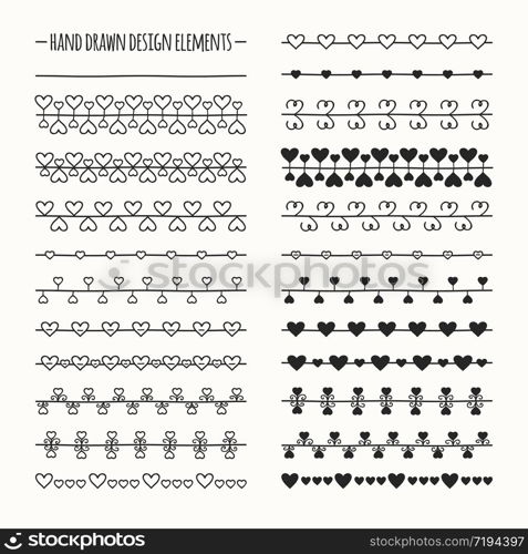 Hand drawn vector line border set and scribble design element. Valentine day vintage pattern with hearts. Illustration. Trendy doodle style brushes. . Hand drawn vector line border set and scribble design element. Valentine day vintage romantic pattern with hearts. Illustration. Trendy doodle style brushes.