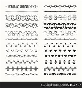 Hand drawn vector line border set and scribble design element. Valentine day vintage pattern with hearts. Illustration. Trendy doodle style brushes. . Hand drawn vector line border set and scribble design element. Valentine day vintage romantic pattern with hearts. Illustration. Trendy doodle style brushes.
