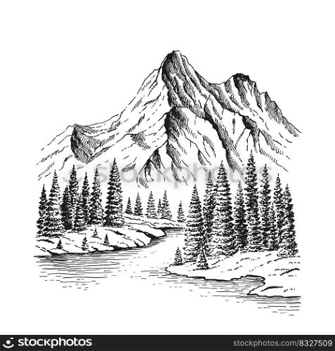 Hand drawn vector nature illustration with mountains and forest. Using for travel and nature background and card.