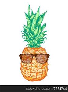 Hand drawn vector pineapple in sunglasses on a white background.