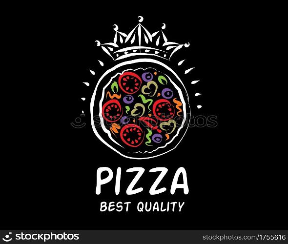 Hand drawn vector pizza logo on black background.. Hand drawn vector pizza logo on black background