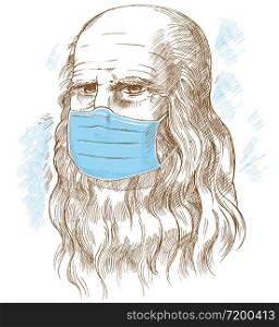 Hand drawn vector portrait. Leonardo Da Vinci with medical mask