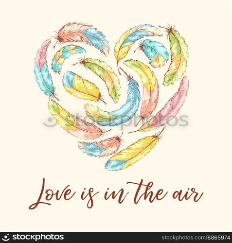 Hand drawn vector retro sketch feathers heart with grainy texture. Boho style illustration on isolated background. Best for t-shirt, invitation, wedding card, backdrop design