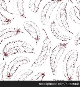 Hand drawn vector retro sketch feathers seamless pattern. Boho style illustration on isolated background. Best for t-shirt, invitation, wedding card, backdrop design
