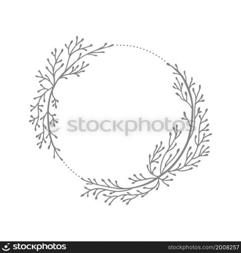 Hand drawn vector round frame wedding. Floral wreath with leaves, branches Decorative elements for design. Ink, vintage and rustic styles.. Hand drawn vector round frame wedding. Floral wreath with leaves, branches Decorative elements for design. Ink, vintage and rustic styles