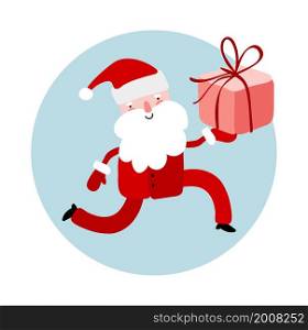 Hand drawn vector Santa Claus running with gift box fun Merry Christmas time illustration greeting card, bag of many surprise gifts isolated on blue background.. Hand drawn vector Santa Claus running with gift box fun Merry Christmas time illustration greeting card, bag of many surprise gifts isolated on blue background