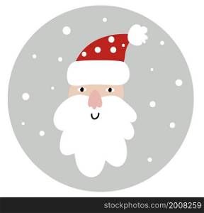 Hand drawn vector Santa Claus smiling face. Fun Merry Christmas illustration for greeting card, bag isolated on gray background with snow.. Hand drawn vector Santa Claus smiling face. Fun Merry Christmas illustration for greeting card, bag isolated on gray background with snow