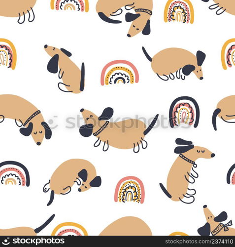 Hand drawn vector seamless pattern of dachshunds and rainbows. Perfect for T-shirt, textile and prints. Doodle style illustration for decor and design.