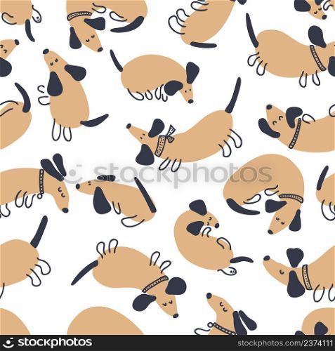 Hand drawn vector seamless pattern of playing dachshunds. Perfect for scrapbooking, greeting card, poster, textile and prints. Doodle style illustration for decor and design.