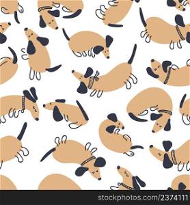 Hand drawn vector seamless pattern of playing dachshunds. Perfect for scrapbooking, greeting card, poster, textile and prints. Doodle style illustration for decor and design.