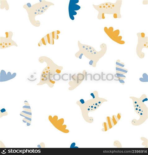 Hand drawn vector seamless pattern of spotted dinosaurs and striped clouds. Perfect for scrapbooking, greeting card, poster, textile and prints. Doodle style illustration for decor and design.