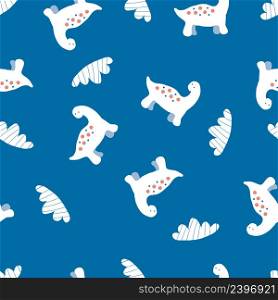 Hand drawn vector seamless pattern of white dinosaurs and striped clouds. Perfect for scrapbooking, greeting card, poster, textile and prints. Doodle style illustration for decor and design.