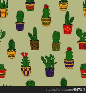 Hand drawn vector seamless pattern with cute colourful cactuses. Beautiful floral design elements, perfect for prints and patterns.