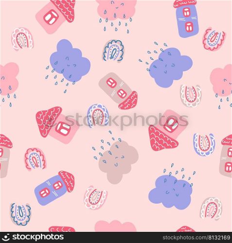 Hand drawn vector seamless pattern with houses, rainbows and rainy clouds. Cute cityscape print for T-shirt, textile and fabric. Hand drawn illustration for decor and design.