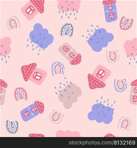 Hand drawn vector seamless pattern with houses, rainbows and rainy clouds. Cute cityscape print for T-shirt, textile and fabric. Hand drawn illustration for decor and design.