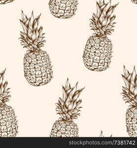 Hand drawn vector seamless pattern with pineapple. Vintage tropical background.