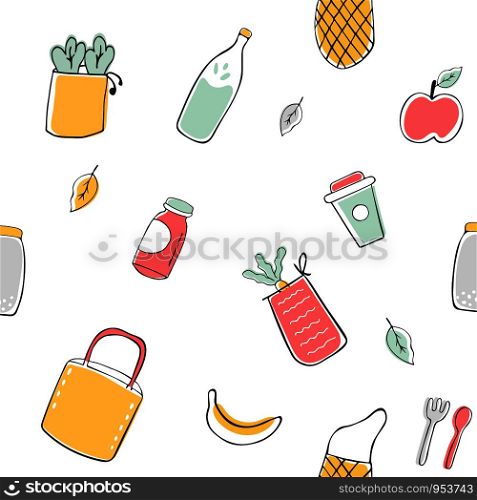 Hand drawn vector seamless pattern. zero waste concept. Canvas bags, glass bottle, jars, reusable cups, wooden cutlery. Hand drawn seamless pattern. zero waste concept