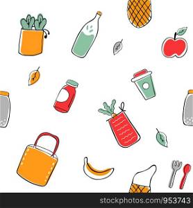 Hand drawn vector seamless pattern. zero waste concept. Canvas bags, glass bottle, jars, reusable cups, wooden cutlery. Hand drawn seamless pattern. zero waste concept