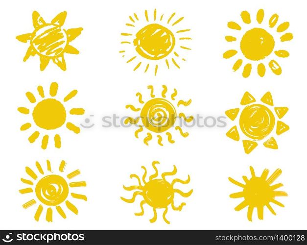 Hand drawn vector set of different suns icons isolated on white. Vector symbols in doodle style. Bright yellow color.. Hand drawn vector set of different suns icons isolated on white.