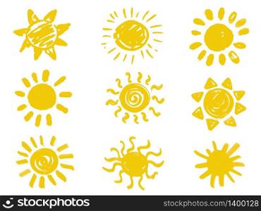 Hand drawn vector set of different suns icons isolated on white. Vector symbols in doodle style. Bright yellow color.. Hand drawn vector set of different suns icons isolated on white.