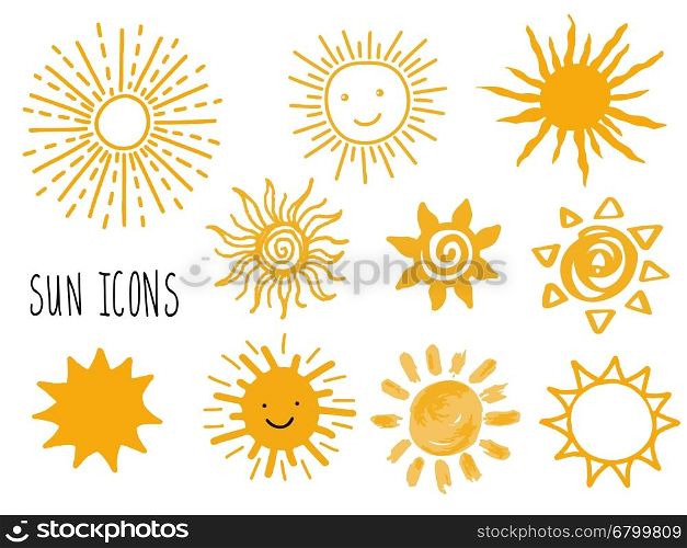 Hand drawn vector set of different suns icons isolated on white. Doodle sun smiling faces. Can be used for stikers, banner, cards, web, social media, logo, label or badges.
