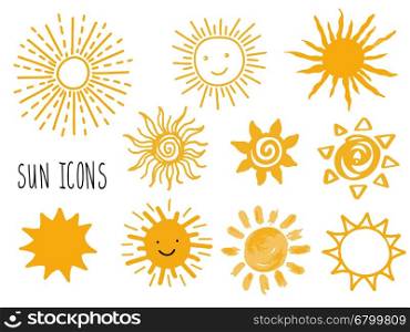Hand drawn vector set of different suns icons isolated on white. Doodle sun smiling faces. Can be used for stikers, banner, cards, web, social media, logo, label or badges.