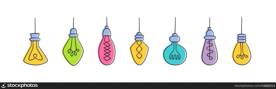 Hand drawn vector set of Light Bulbs. Collection of different color loft lamps in doodle style. Isolated objects on white background. Hand drawn vector set of Light Bulbs. Collection of color loft lamps in doodle style.