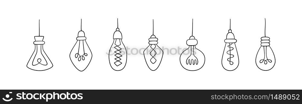 Hand drawn vector set of Light Bulbs. Collection of loft lamps in doodle style. Isolated objects on white background. Hand drawn vector set of Light Bulbs. Collection of loft lamps in doodle style.
