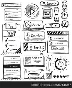 Hand drawn vector set of user interface design elements: buttons, icons, gui elements, ticks, switch, raiting, web boxes, tooltips, plan services, play button