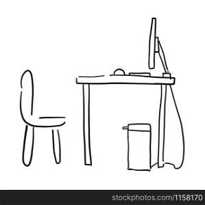 Hand drawn vector sketch illustration of computer desk and chair. White background, black outlines.