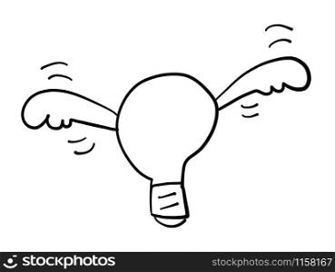 Hand drawn vector sketch illustration of flying winged light bulb idea. White background, black outlines.