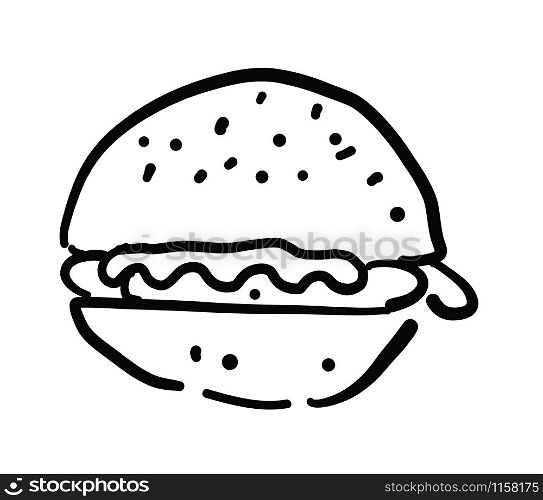 Hand drawn vector sketch illustration of hamburger, fast food. White background, black outlines.