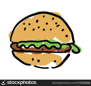 Hand drawn vector sketch illustration of hamburger, fast food. White background, colored and black outlines.