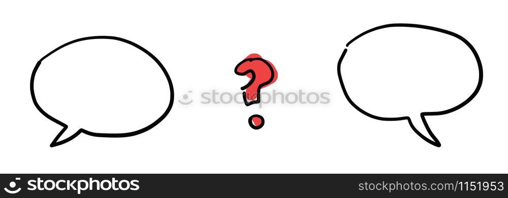 Hand drawn vector sketch illustration of two speech bubbles and question mark. White background, colored and black outlines.