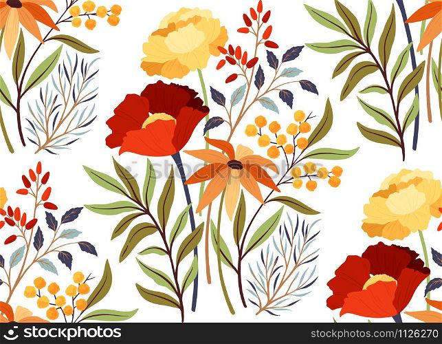 Hand drawn vector spring wild field flowers for fabric, background, web, textile, wallpaper design. Blossom floral bright seamless pattern. Vintage floral illustration.