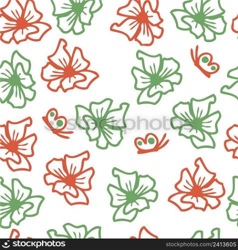 Hand drawn vector summer seamless pattern of a flowers and butterflies. Design for T-shirt, textile and prints.