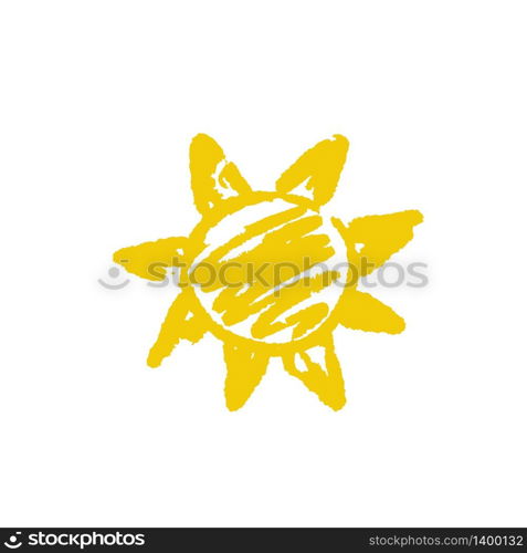 Hand drawn vector sun icon isolated on white. Vector symbol in doodle style. Bright yellow color element.. Hand drawn vector sun icon isolated on white.