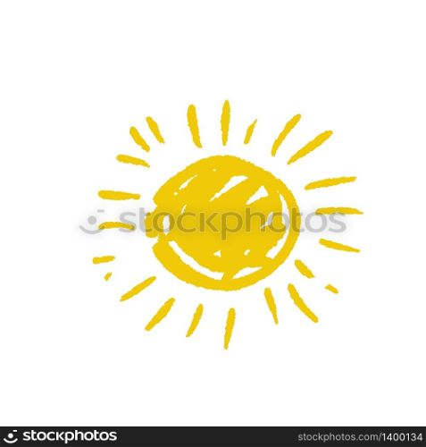 Hand drawn vector sun icon isolated on white. Vector symbol in doodle style. Bright yellow color element.. Hand drawn vector sun icon isolated on white.