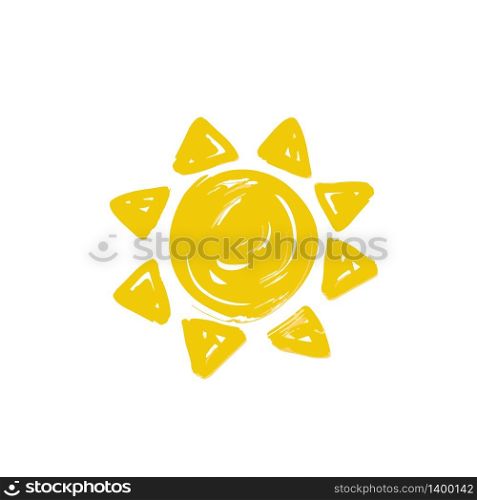 Hand drawn vector sun icon isolated on white. Vector symbol in doodle style. Bright yellow color element.. Hand drawn vector sun icon isolated on white.