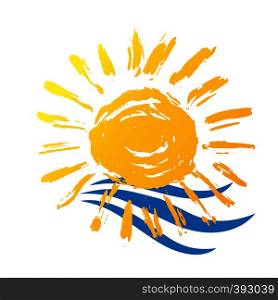 Hand drawn vector yellow sun and blue sea wave icon isolated on white. Doodle symbol for summer bunner, poster, tag, tshirt design. Hand drawn vector sun icon isolated on white.