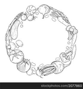 Hand drawn vegetable wreath on white background. Vector sketch illustration. . Sketch vegetables. Vector illustration