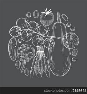 Hand drawn vegetables in a circle on dark background. Vector sketch illustration.. Hand drawn vegetables on white background.