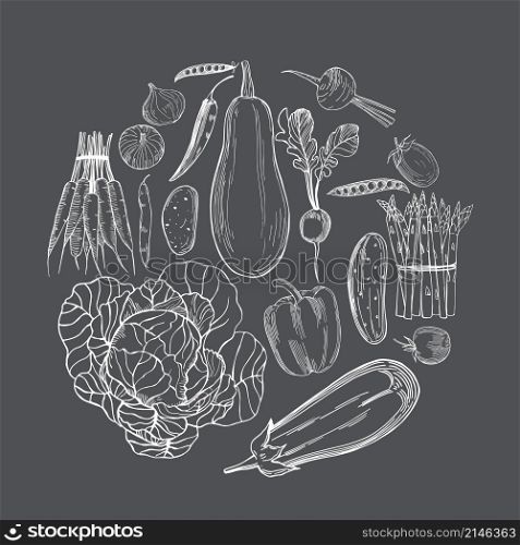 Hand drawn vegetables in a circle on grey background. Vector sketch illustration.. Hand drawn vegetables on white background.