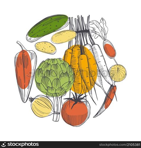 Hand drawn vegetables in a circle on white background. Vector sketch illustration. . Vector background with hand drawn vegetables. Sketch illustration